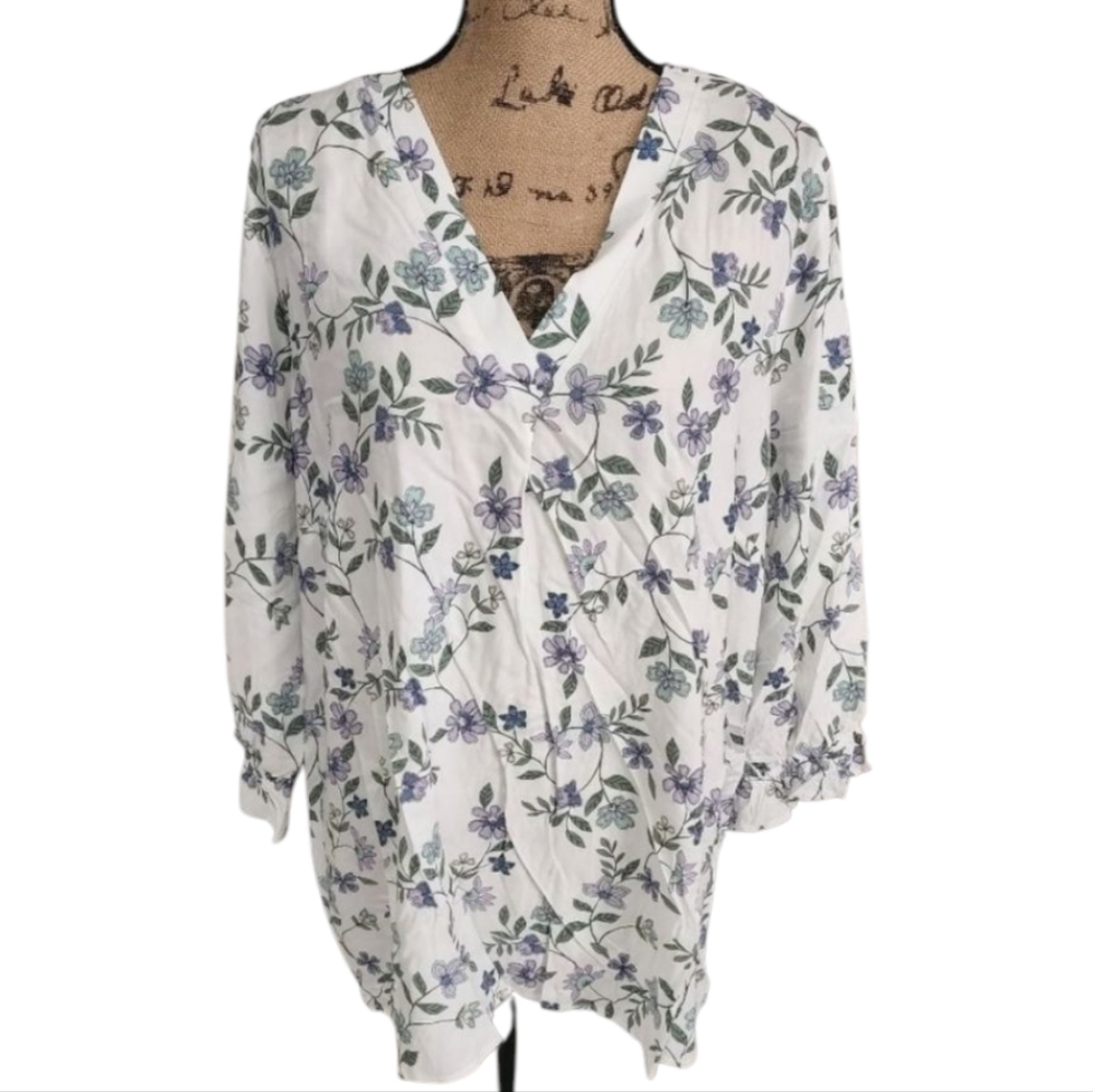 Como Blu Women Floral V-Neck 3/4 Ruffle Sleeve Rayon Blouse White Purple 3X NEW